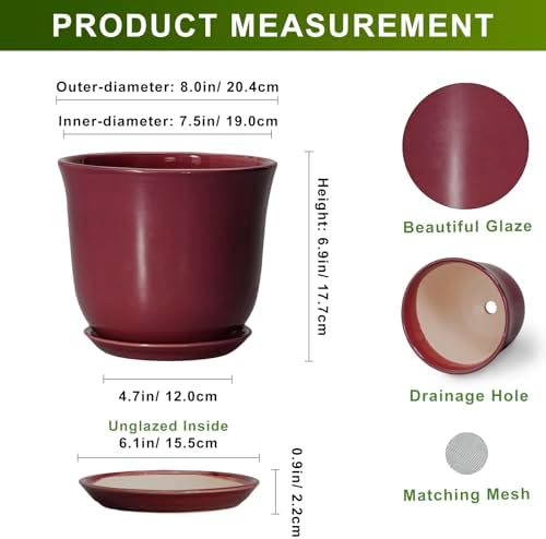Ceramic Planter, 8 Inch Plant Pot with Drainage Hole, Red - Image 2