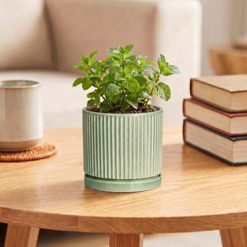 4 Inch Plant Pots, Ceramic Planter, Round Flower Pots, Green - Image 4