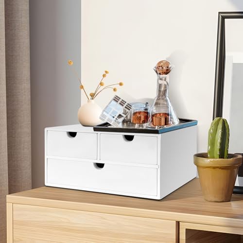 Charmewooden Bamboo Desk Organizer with 3 Drawers, Countertop Organizer with Drawers Makeup Storage Drawer 3 Drawer Tabletop Storage Organization Box Home Office Workspace（White） - Image 3