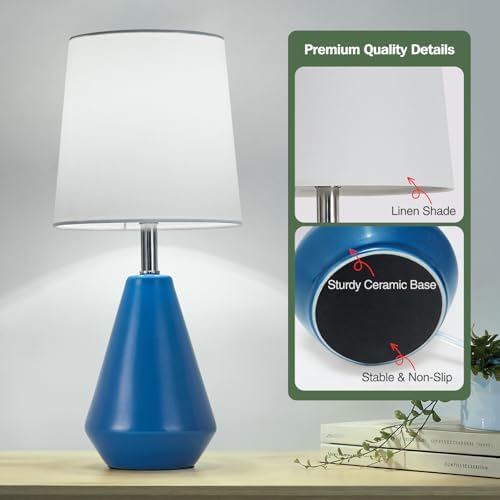 Small Bedside Table Lamp for Bedroom - Reading Desk Lamp with 3 Color Temperatures，15.5" Nightstand Ceramic Lamp with Fabric Shade for Kids Room,Living Room,Dorm,Home Office (Blue+White) - Image 5