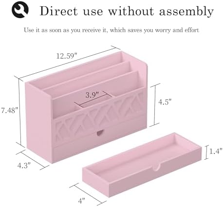 Wisuce Bamboo Mail Organizer with Drawer, Countertop Desk Organizer (Pink) - Image 3