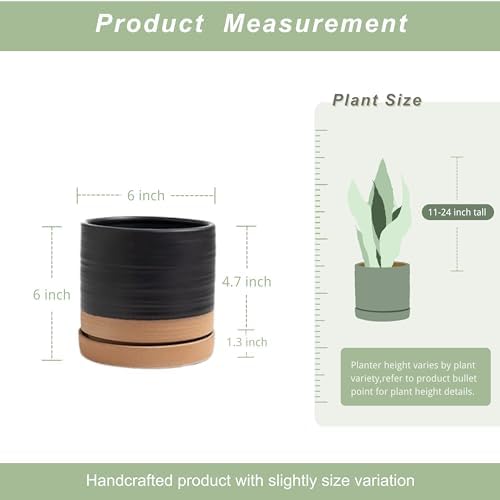 HERDUK 6 Inch Plant Pots, Ceramic Planter Pot with Drainage Hole & Saucer, Indoor/Outdoor Cylinder Round Planter Pot, Matte Black & Brown - Image 3