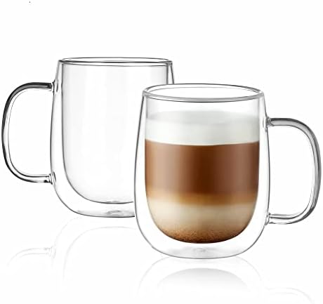 CNGLASS Glass Coffee Mugs 12oz,Double Wall Insulated Mug Set with Handle,Clear Glass Espresso Mugs for Latte,Cappuccino,Tea Bag,Hot and Cold Beverages,Set of 2 by CNGLASS