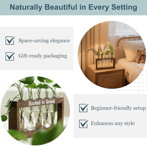 Rooted in Grace Plant Propagation Station – Wooden Stand with 5 Glass Vases, Faith-Inspired Christian Gift for Women, Indoor Plant Cutting Holder for Home, Office, Garden and Housewarming Décor - Image 4