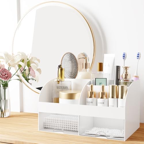 Makeup Organizer with Drawers, Cosmetic Storage for Dresser Vanity and Bathroom Countertop, Beauty Holder for Lipstick Brush, Skincare Organizer for Vanity, Cosmetic Display Case (White) - Image 3