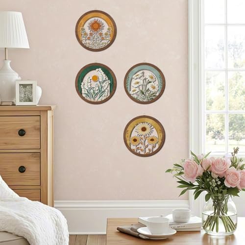 HPNIUB Vintage Flower Wall Decor, Farmhouse Sunflower Daisy Geometric Hanging Wooden Wall Art, 4 Pieces 10''x10'' Minimalist Boho Sun&Floral Wood Sign for Girls Bedroom Living Room Office - Image 3