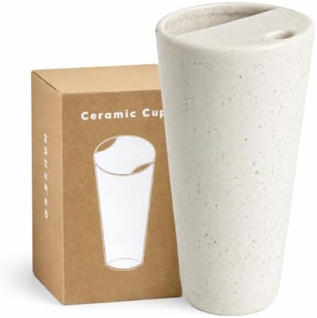 Handmade Ceramic Coffee Mug with Half Lid and Sip Hole, 18oz Tall Travel Coffee Tea Cup with Silicone Sleeve, Pure Ceramic Drinking Tumbler for Home, Office and Daily Commute, Speckle white by Greefun