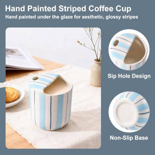 Ceramic Coffee Mug with Sip Hole 10oz Aesthetic Espresso Cup with Hand Painted Striped Coffee Mug for Kitchen Dining Travel (Light Blue, 1Pack) - Image 4