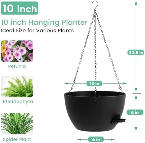 UOUZ Set of 3-10 Inch Self Watering Hanging Planters for Indoor & Outdoor，Hanging Plant Pots with Drainage & Removable Tray, Hanging Pots Holder for Ivy, Spider Plants, Ferns, Balcony & Patio, Black - Image 3
