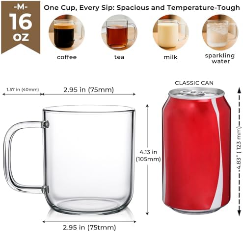Aquach 16oz Glass Coffee Mugs Set of 2, Large Clear Borosilicate Cups - Image 5