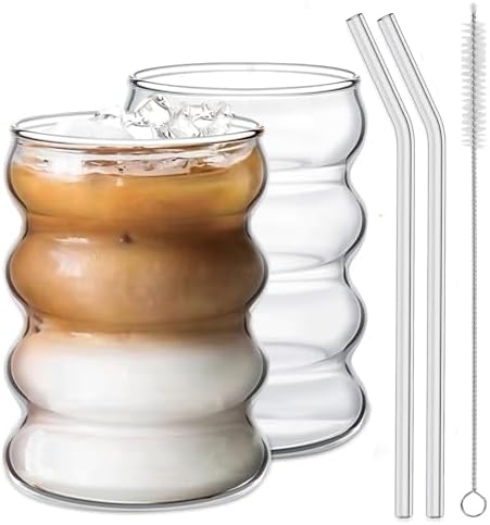 Ework4U 2 Pcs Drinking Glasses with Glass Straw 14oz Glassware Set,Cocktail Glasses,Iced Coffee Glasses,Beer Glasses,Ideal for Water,Soda,Tea,Gift - with Cleaning Brushe by Ework4U