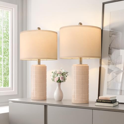 PoKat 23" Pink Ceramic Table Lamps Set of 2, Modern Bedroom Lamps for Girls Room, Bedside Lamps for Night Stands, Cute Lamps for Living Room Decor, Nightstands Desk Lamp, Pink - Image 5
