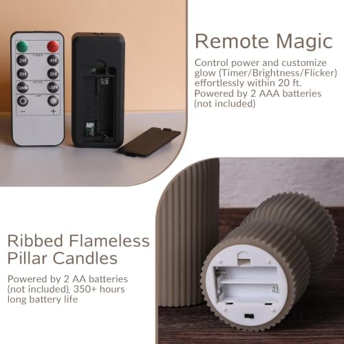 Taupe Ribbed Flameless Pillar Candles with Remote Set of 2 - Image 3