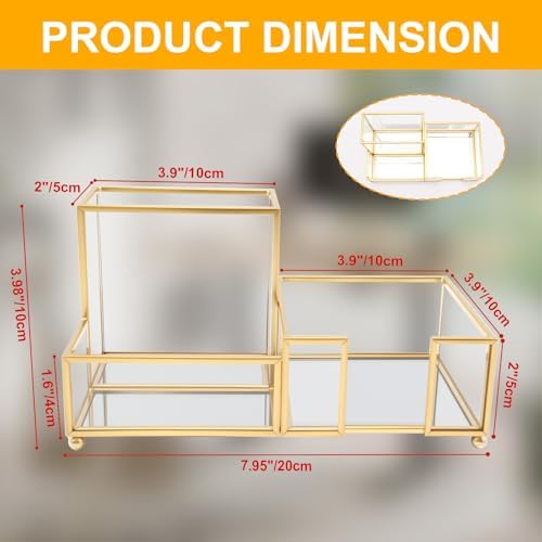 Desk Organizer with 3-Compartments,Glass Small Desk Organizer for Pens Pencils Business Cards Sticky Notes Paper Clips,Gold Stylish Pen Holder for Desk Home Office Decor - Image 2