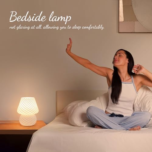 ONEWISH Mushroom Lamps Set of 2 - Small Bedside Table Lamp with Striped Glass, Nightstand Lamp for Bedroom, Living Room, Bulb Included(White) - Image 3