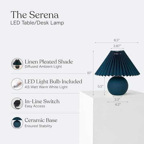 Brightech Serena LED Table Lamp - Small 10" Modern Ceramic Lamp with Pleated Shade for Bedside, Nightstand, Desk - Mini Night Light with Cozy Soft White Light for Living Room, Bedroom - Teal - Image 4