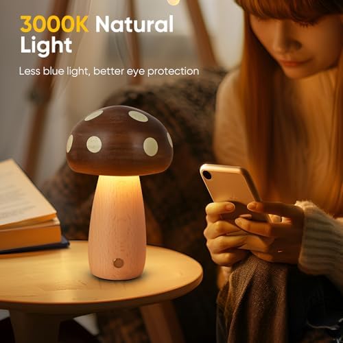 LONRISWAY LED Wooden Mushroom Lamp for Bedroom,Portable Cordless Touch Switch Small Rechargeable Battery Operated Lamp,Stepless Dimming, Night Light for Birthday Gifts - Image 2