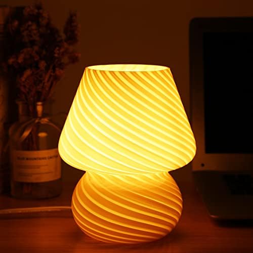 BSOD Pink Mushroom Lamp,Glass Mushroom Bedside Table Lamps Translucent Murano Vintage Style Striped Small Nightstand Desklamp Swirl Light for Home Decor, Dining, Living, Bedroom, Gift (Stripe Pink) - Image 3
