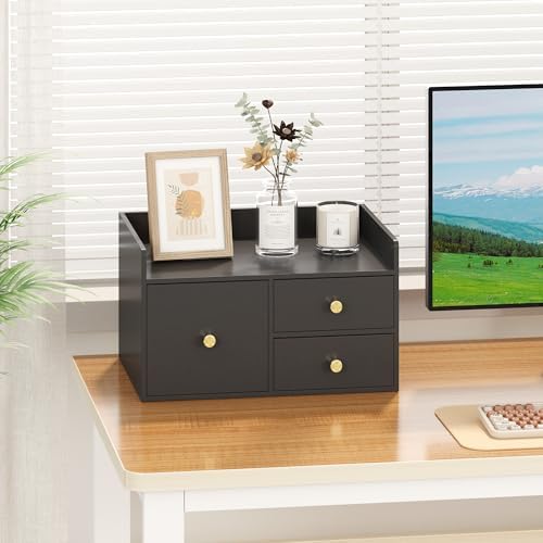 Bamboo Desk Organizer with Drawers,Wooden Desktop Storage (Black,3 Drawers) - Image 3