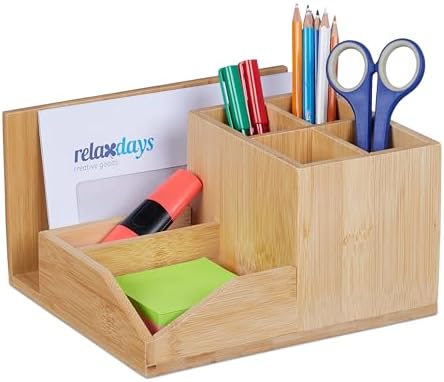 Relaxdays Desk Organiser, 7 Compartments, Pen & Document Holder, Utensil Box, HxWxD: 11 x 21 x 19 cm, Bamboo, Natural by Relaxdays