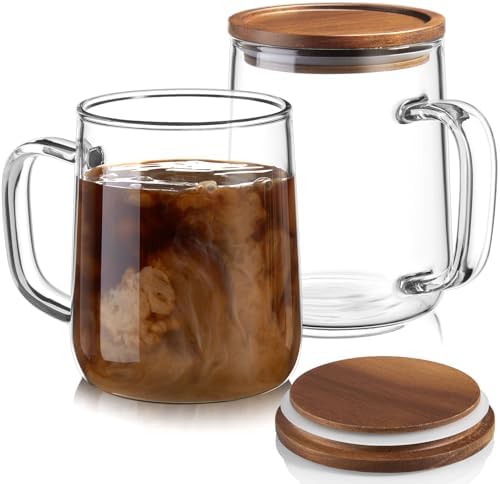 Glass Coffee Mugs, 14 oz Glass Coffee Cups with Acacia Wood Lids, Clear Borosilicate Glass Mugs with Handles for Cappuccino, Tea, Latte, Hot/Cold Beverages, Wine, Americano, Set of 2 by Unknown