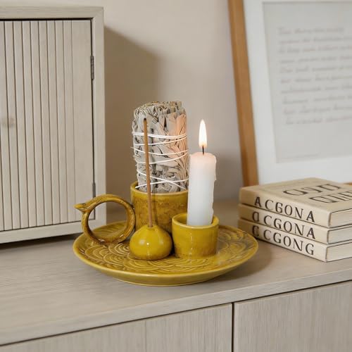 Tnstbiee 4 Inch 5-in-1 Yellow Ceramic Incense Holder,Multi-Use Smudge Tray - Image 6