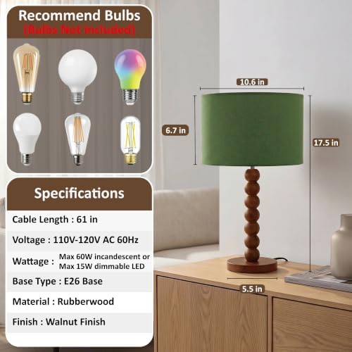 Buruis 17.5" Walnut Wood Beaded Table Lamp with Linen Shade, Dimmable,Green - Image 4