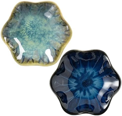 2Pcs Ceramic Jewelry Dish - Lotus Leaf Shape, for Ring Holder Necklace Small Key, Suitable for Mother Friend Sister, Gifts for Women, Cute Plate Trinket Tray, Home Decor (Crystal Green & Blue) by Koyzsen