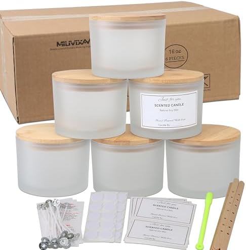 MILIVIXAY 6 Pack 16 oz Candle Jars with Bamboo Lids and Candle Making Kits - 3 Wick Candle Jar,Bulk Empty Frosted White Thick Glass Jars for Making Large Candles- Spice, Powder Containers. by MILIVIXAY