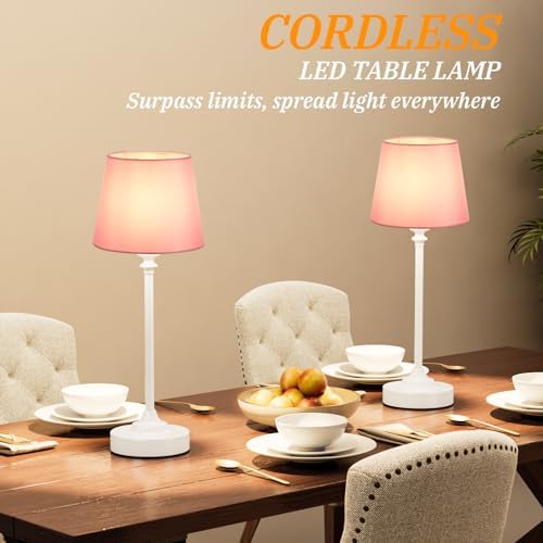 Cordless Table Lamps Rechargeable Set - 2 Pack White 4000mAH Battery Operated Lamps for Decor, 3000K Stepless Dimming Touch Control Wireless Lamps for Bedroom, Dining Table, Living Room, Pink Shade - Image 4