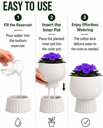 Self Watering Pots for Indoor Plants, 6 Inch Ceramic African Violet Pot - Image 3