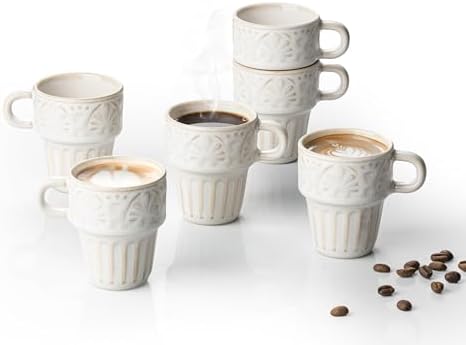 3.3 OZ Coffee Mugs, Ceramic Coffee Mug, Espresso Cups, Stackable Mug, Mug Set of 6, Coffee Cups for Tea Cocoa Cappuccino - Office Party Gathering, Great Gift for Birthday Housewarming Wedding, Beige by LYEOBOH