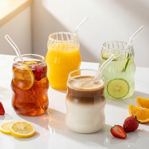 8 Pcs Ribbed Glass Cups 18 oz Vintage Aesthetic Iced Coffee Glasses with Glass Straws Bubble Cup Wavy Textured Drinking Glassware for Beverage Tea Juice Cocktails by Acellegic