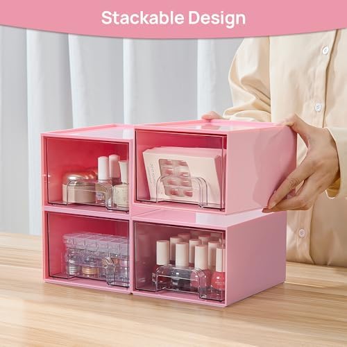 Vtopmart 4 Pack Small Clear Stackable Storage Drawers, Pink - Image 5