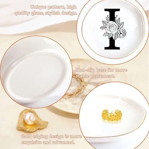 JoycuFF Initial I Ceramic Jewelry Tray, Bridesmaid Bride Gifts, Mothers Day Christmas Anniversary Engagement Birthday Gifts for Women Couples, Trinket Dish for Rings Earrings Necklaces Bracelets Keys - Image 5