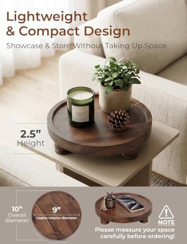 Demigo Acacia Wood Round Tray, 10 in Pedestal Riser Stand, Dark Brown - Image 3