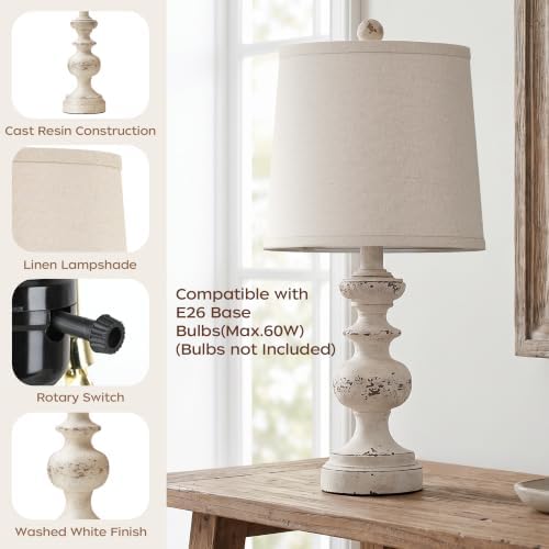 PARTPHONER Farmhouse Table Lamp Set of 2, Rustic Table Lamps for Living Room Bedroom, 22" Mid Century Modern Desk Lamp Bedside Nightstand Lamps with Linen Tapered Drum Shades, Washed White - Image 3