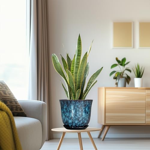 8 Inch Plant Pot - Ceramic Planter for Indoor Outdoor, Round Planter with Drainage Hole and Saucer, Modern Planters, Flower Pots, Apartment Porch Room Home Decor, Gardening Gifts, Blue - Image 5