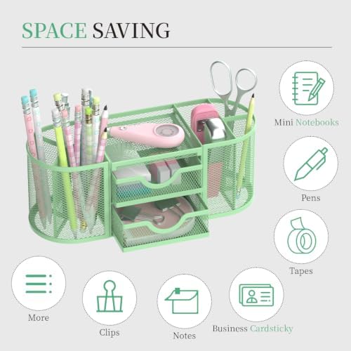 SUPEASY Mesh Desk Organizer, Pen Holder for Desk with 2 Drawers, MintGreen - Image 4