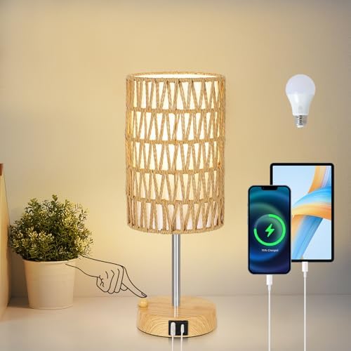 Boho Table Lamp for Bedroom with Bulb, Small Touch Control Table Lamp for Living Room with Rattan & Linen Shade, 3 Way Dimmable Bedside Lamp for Nightstand with USB Charging Port & Phone Stand by LightingFixtures