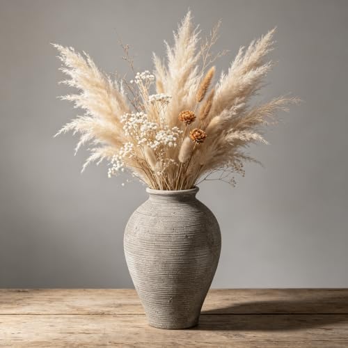 Large 9 Inch Ceramic Vase, Farmhouse Rustic Table Centerpiece, Vintage Floor Vase for Dried Flowers, Home Decor for Living Room, Mantel, Bookshelf & Office by Zipper