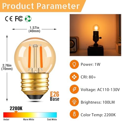 G40 LED Low Watt Light Bulbs Warm Glow E26 Amber 1W 10 Watt Light Bulb - Image 3
