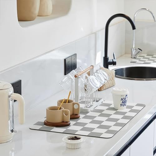 Checkered Dish Drying Mat for Kitchen Counter, Coffee Bar Station Accessories, Retro Cute Aesthetic Absorbent Coffee Mat Kitchen Drying Mat Easy Clean, Grey 16" x 24" by Ohocut