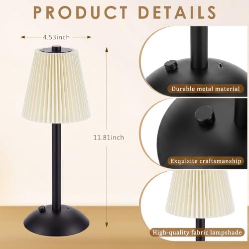 Liliful 2 Pcs Cordless Table Lamp LED Touch, Black, Beige Cloth Style - Image 2