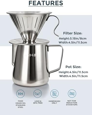 AGOGO Stainless Pour Over Coffee Maker Set, 50 Paper Filters, 20oz, Sliver - Image 6