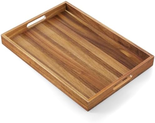 17 Inch Acacia Wood Serving Tray with Handles - Large Wooden Tray for Ottoman, Breakfast in Bed, Dinner, Coffee Table - Decorative Rectangular Tray for Living Room Bedroom Entryway and Kitchen by Unknown