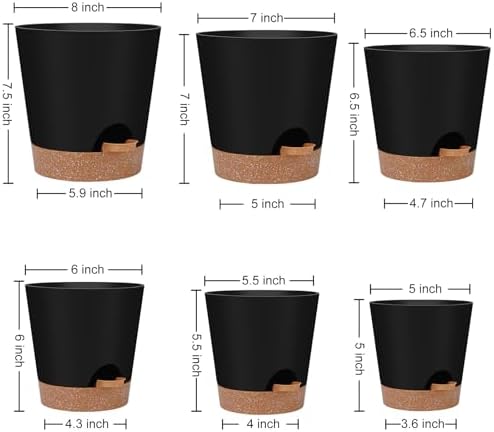 YNNICO Indoor Self Watering Planters with Drainage Holes and Saucers, 8, 7, 6.5, 6, 5.5, 5 Inches, Black, 6 Pots (Pack of 2) - Image 2