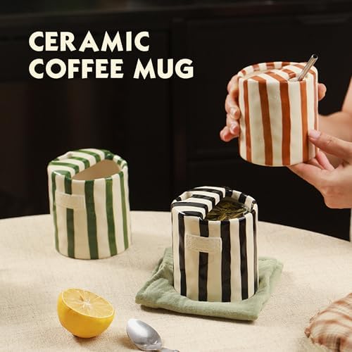 Ceramic Coffee Mugs 10 oz Retro Striped Coffee Mug No Handle with Straw - Image 7
