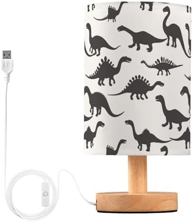 Dinosaur Silhouette T-rex Black and White Bedside Table Lamps with USB Port for Bedroom Lamp Accent Table Lamp Small Nightstand Lamp Sturdy Linen Shade Wooden Decorative Lamps for Home|Kids|Holiday by Fustylead
