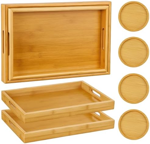 2 Pcs 14 x 9 Inches Bamboo Serving Tray with Handles and 4 Pcs 3.74 Inches Coasters Trays for Serving Food for Breakfast Dinner Coffee Snacks Suitable for Living Room Bedroom Kitchen by Acellegic